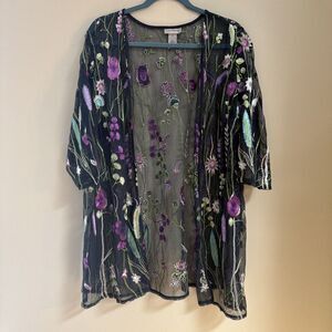 Catherine's Plus Size 1X Sheer Kimono-Style Long Jacket Floral Embroidered Boho